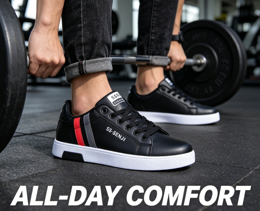 Men's PU Leather Skate Sneakers, Large Sizes 40-47, Fashion Black Casual Shoes, Daily Walking & Driving Shoes for Boys and Students.Free: 1 pair of premium sweat-wicking durable insoles