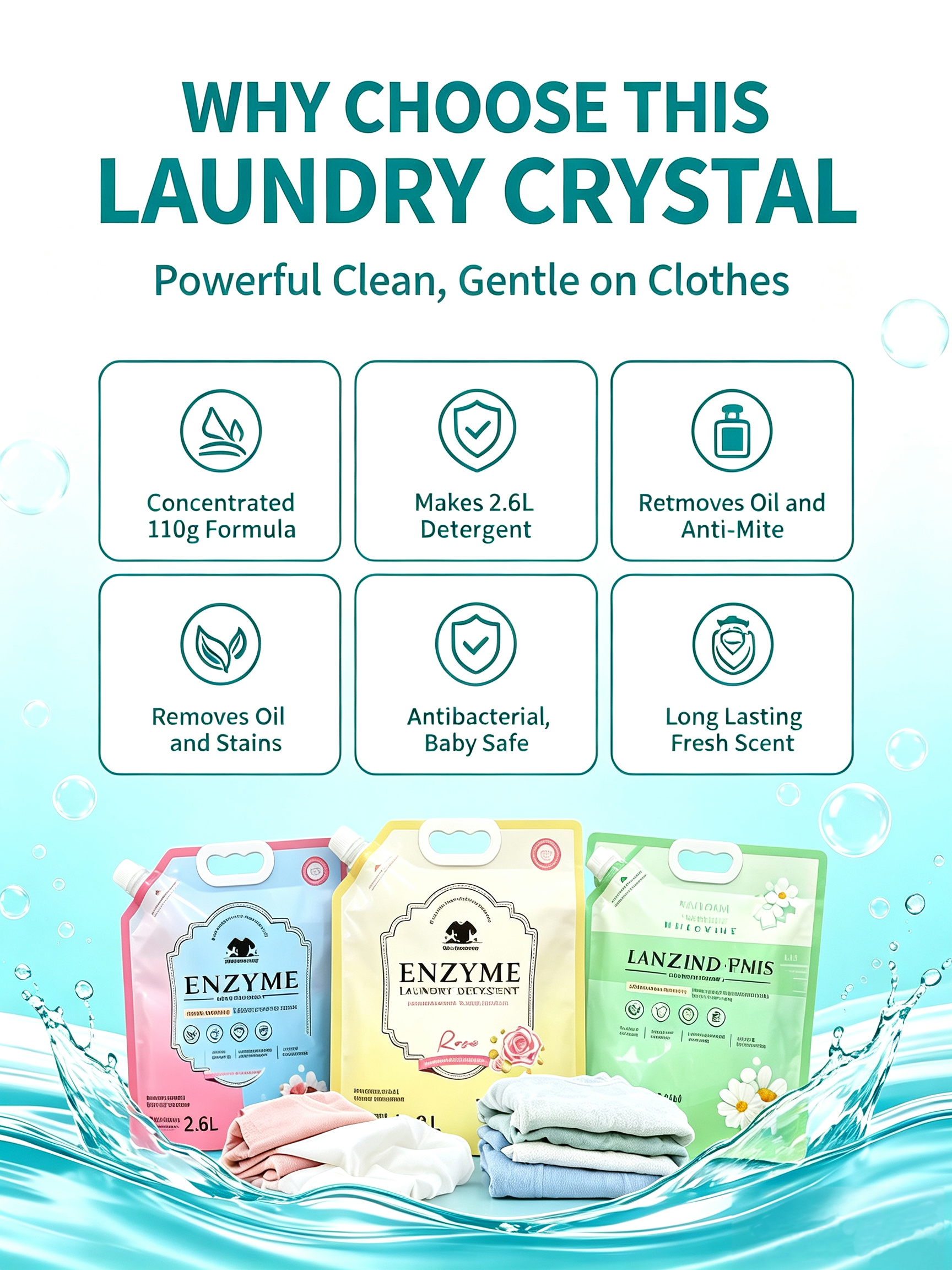 Concentrated Laundry Liquid.Portable Microcrystalline Enzyme Concentrated Laundry Sachet, Removes stubborn stains with natural enzymes.DIY Make Large Capacity Detergent, Deep Cleaning for Home & Trip.