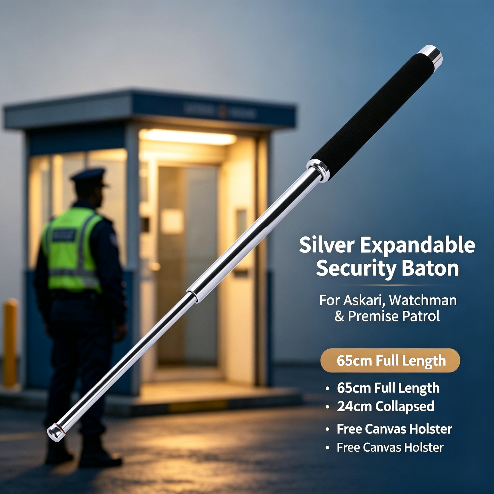 Silver Expandable Security Baton for Askari Watchman | 65cm Full Length, 24cm Collapsed, Free Canvas Holster