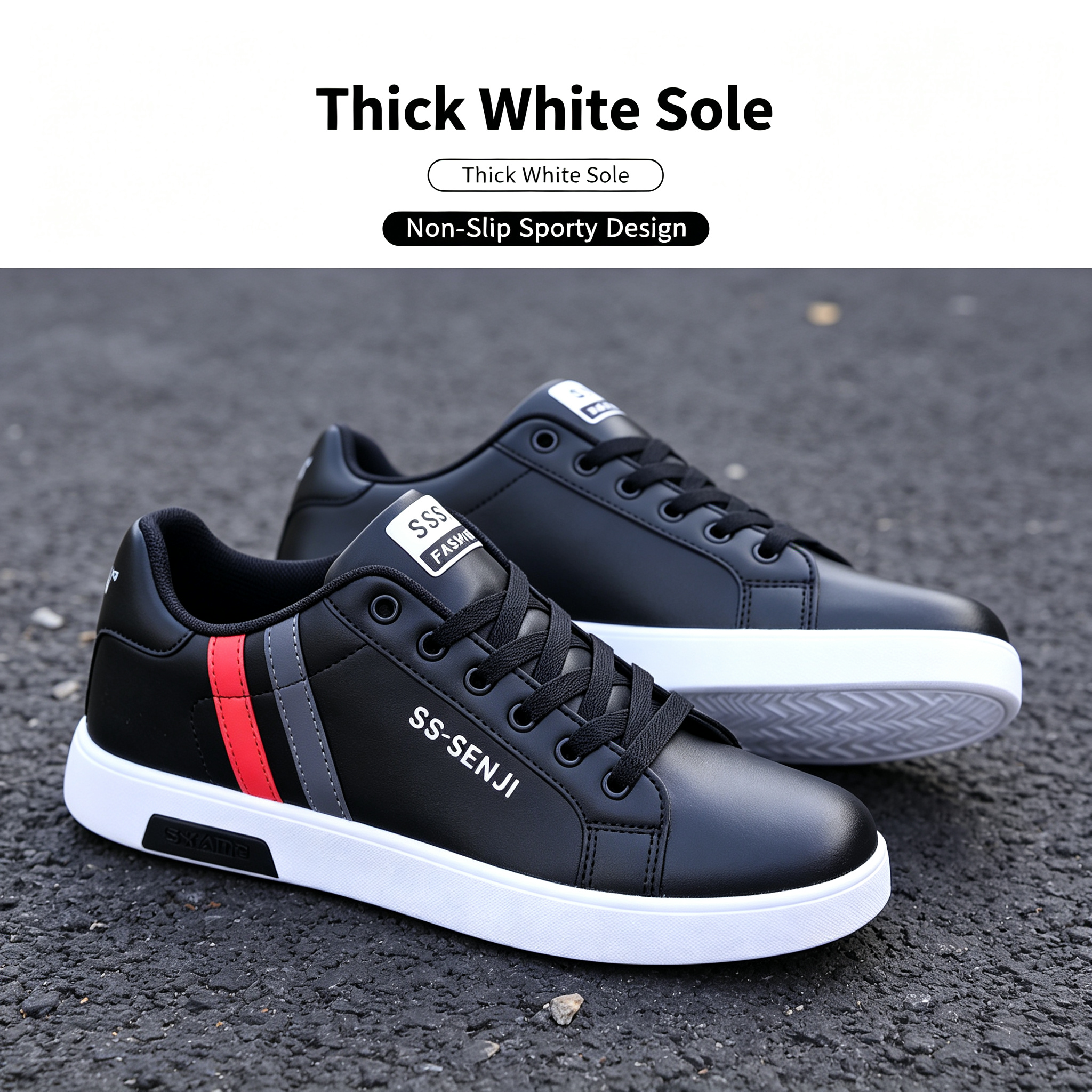 Men's PU Leather Skate Sneakers, Large Sizes 40-47, Fashion Black Casual Shoes, Daily Walking & Driving Shoes for Boys and Students.Free: 1 pair of premium sweat-wicking durable insoles