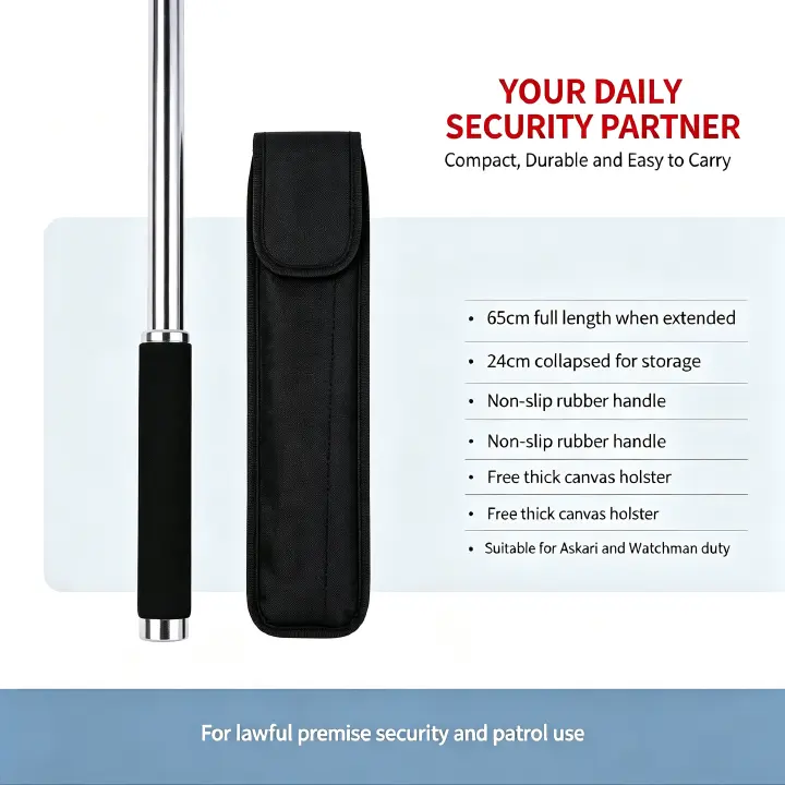 Silver Expandable Security Baton for Askari Watchman | 65cm Full Length, 24cm Collapsed, Free Canvas Holster