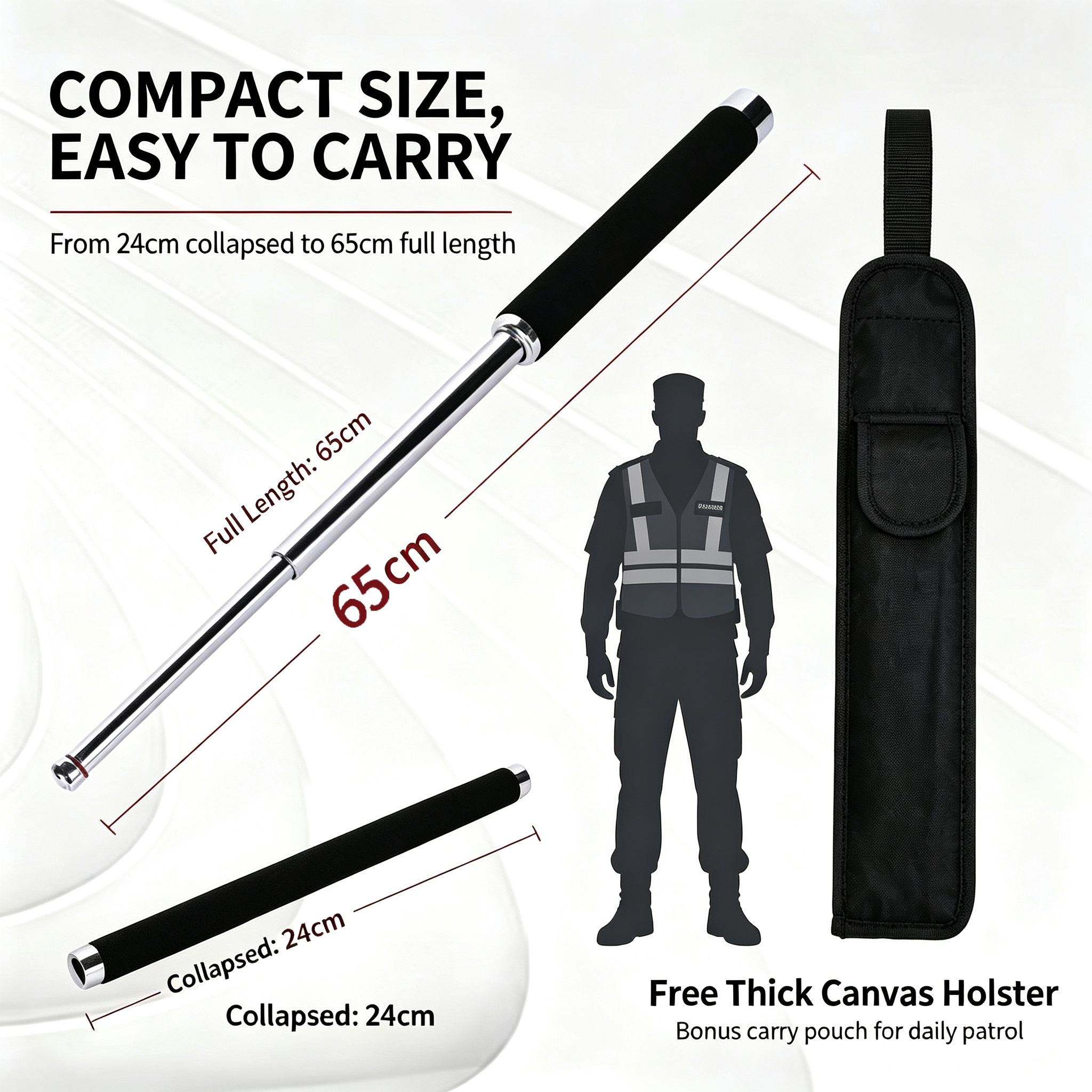Silver Expandable Security Baton for Askari Watchman | 65cm Full Length, 24cm Collapsed, Free Canvas Holster