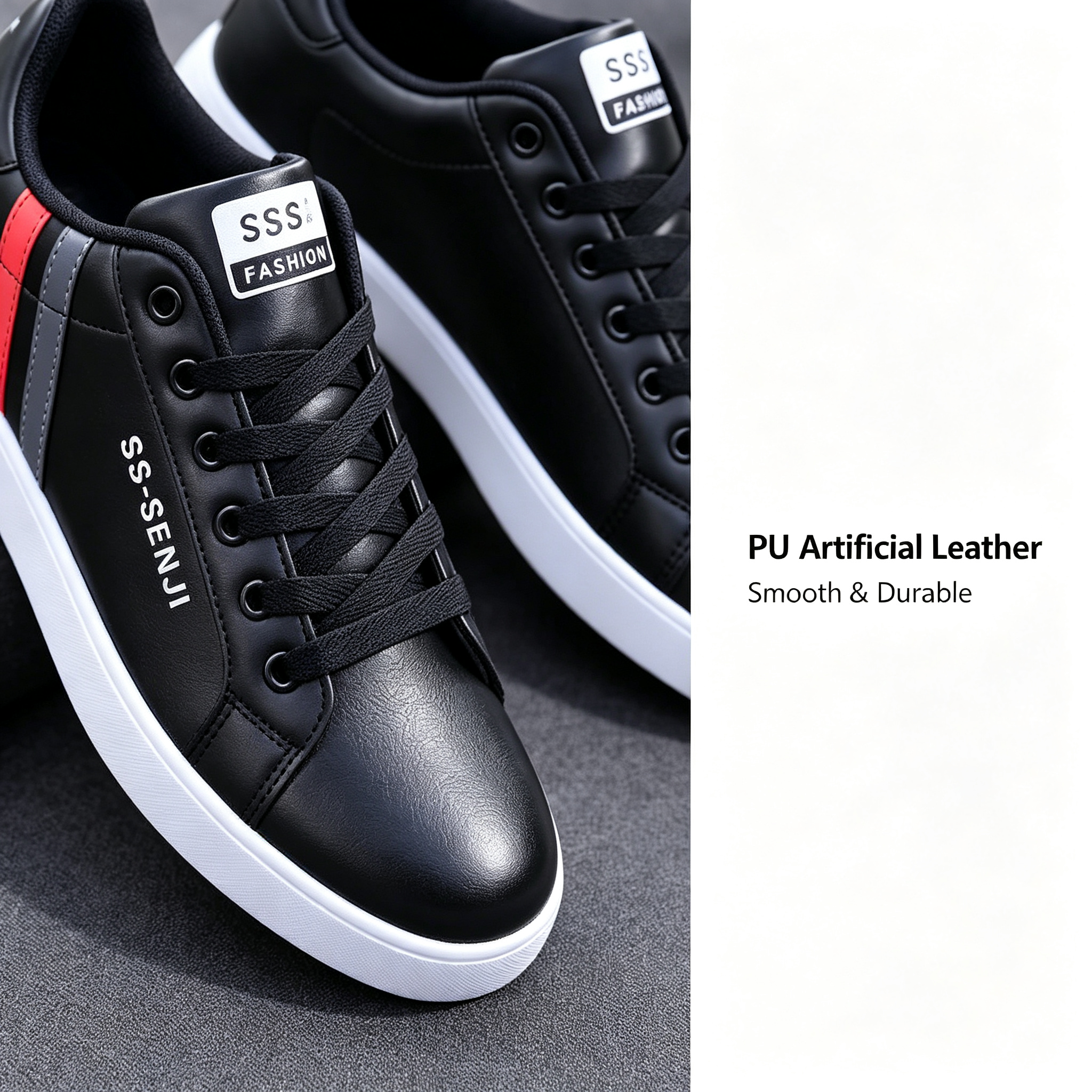 Men's PU Leather Skate Sneakers, Large Sizes 40-47, Fashion Black Casual Shoes, Daily Walking & Driving Shoes for Boys and Students.Free: 1 pair of premium sweat-wicking durable insoles