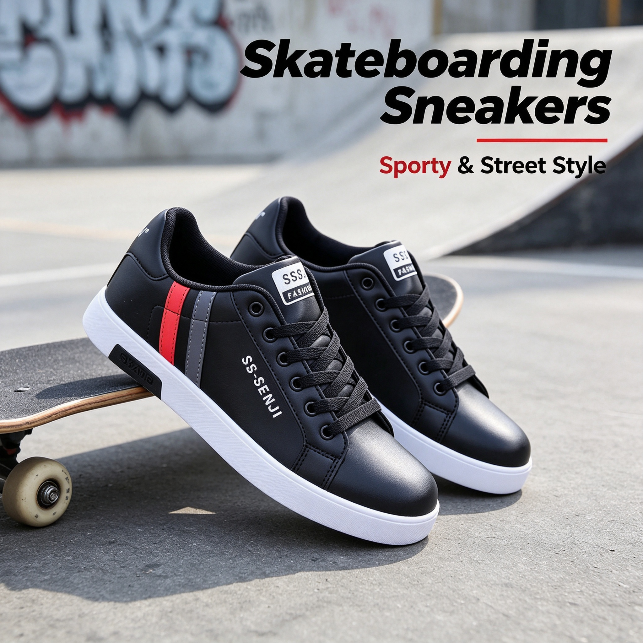 Men's PU Leather Skate Sneakers, Large Sizes 40-47, Fashion Black Casual Shoes, Daily Walking & Driving Shoes for Boys and Students.Free: 1 pair of premium sweat-wicking durable insoles