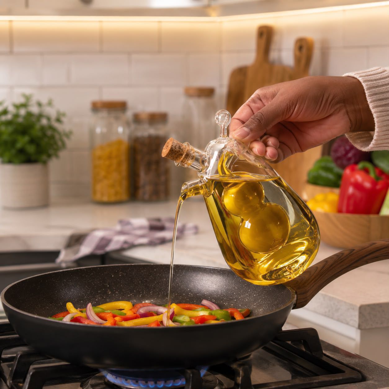 2-in-1 Oil & Vinegar Dispenser 350ml – Double-Mouth Borosilicate Glass Bottle for Cooking Oil, Vinegar, Soy Sauce & Other Liquid Condiments, Refillable Kitchen Storage
