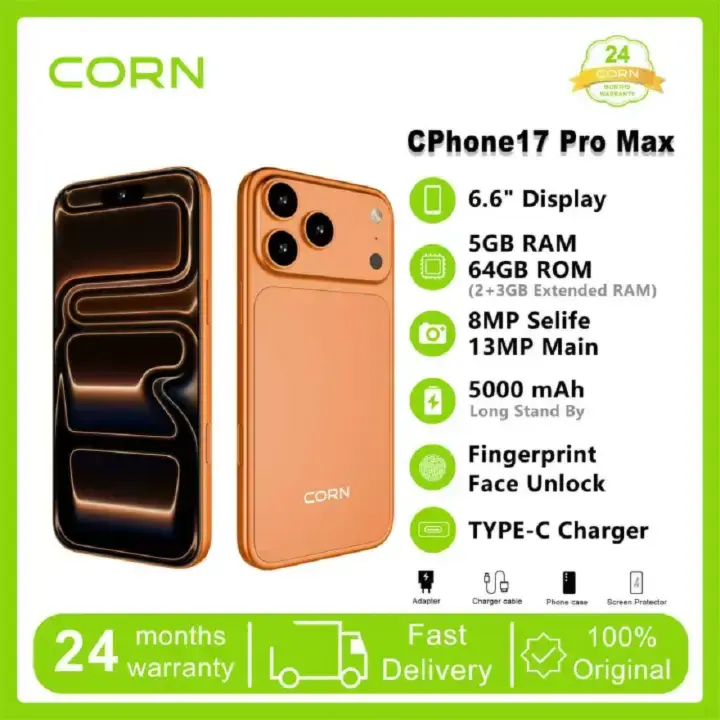 HOT DEALS!!!!🔥🔥CORN CPHONE 17PRO MAX 64GB Storage 5GB (2+3 Extended) RAM 6.6'' HD+ Waterdrop Screen 13MP Main +8MP Front Camera 5000mAh Battery Dual SIM Face ID GPS OTG Unlocked Android Smart Phone.