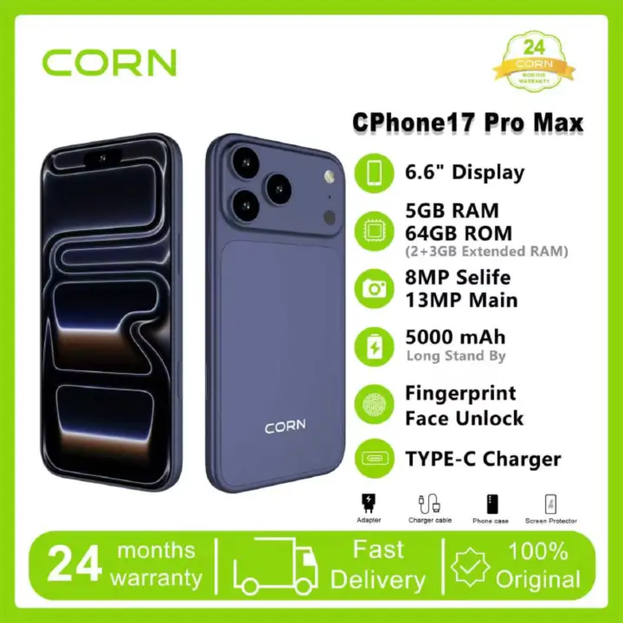 HOT DEALS!!!!🔥🔥CORN CPHONE 17PRO MAX 64GB Storage 5GB (2+3 Extended) RAM 6.6'' HD+ Waterdrop Screen 13MP Main +8MP Front Camera 5000mAh Battery Dual SIM Face ID GPS OTG Unlocked Android Smart Phone.