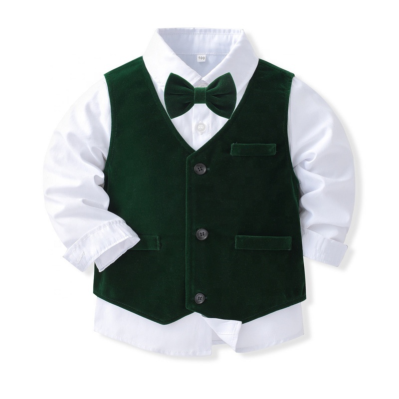 Boys 4-Piece Velvet Formal Outfit Set – Shirt, Waistcoat, Trousers & Bow Tie