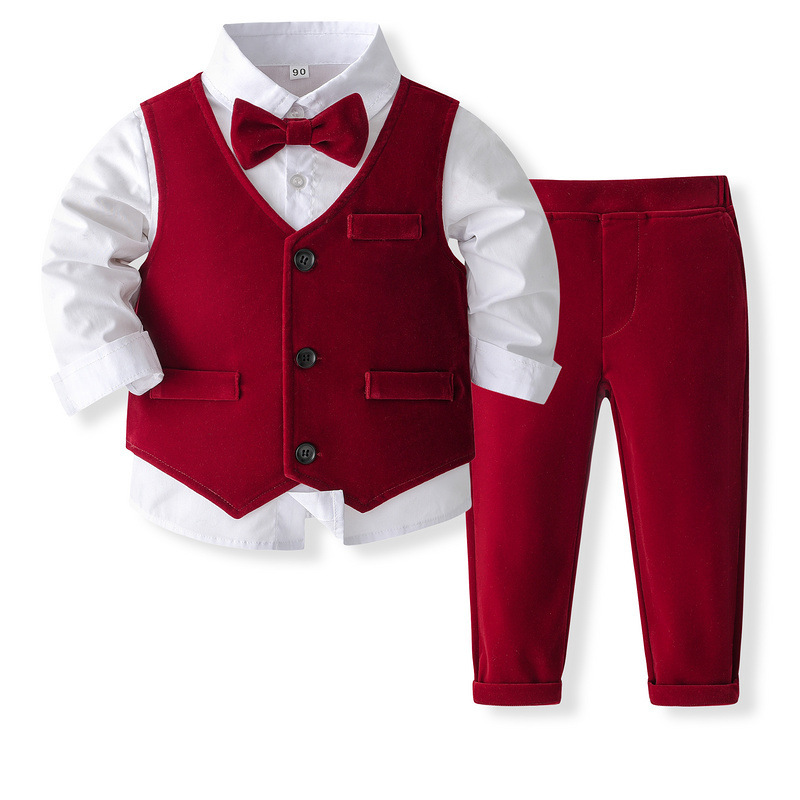 Boys 4-Piece Velvet Formal Outfit Set – Shirt, Waistcoat, Trousers & Bow Tie