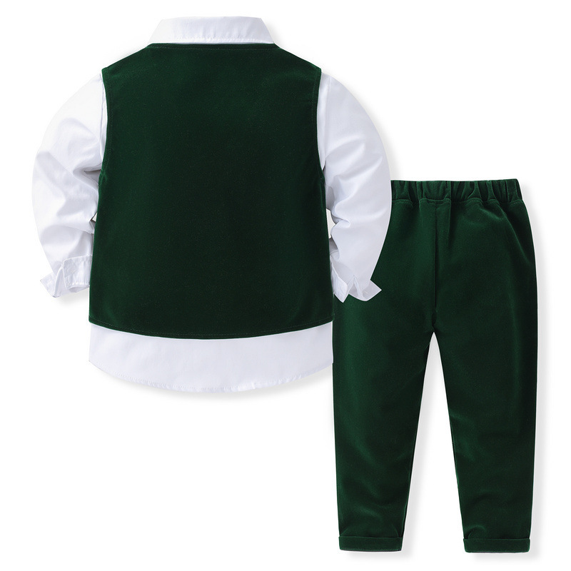 Boys 4-Piece Velvet Formal Outfit Set – Shirt, Waistcoat, Trousers & Bow Tie