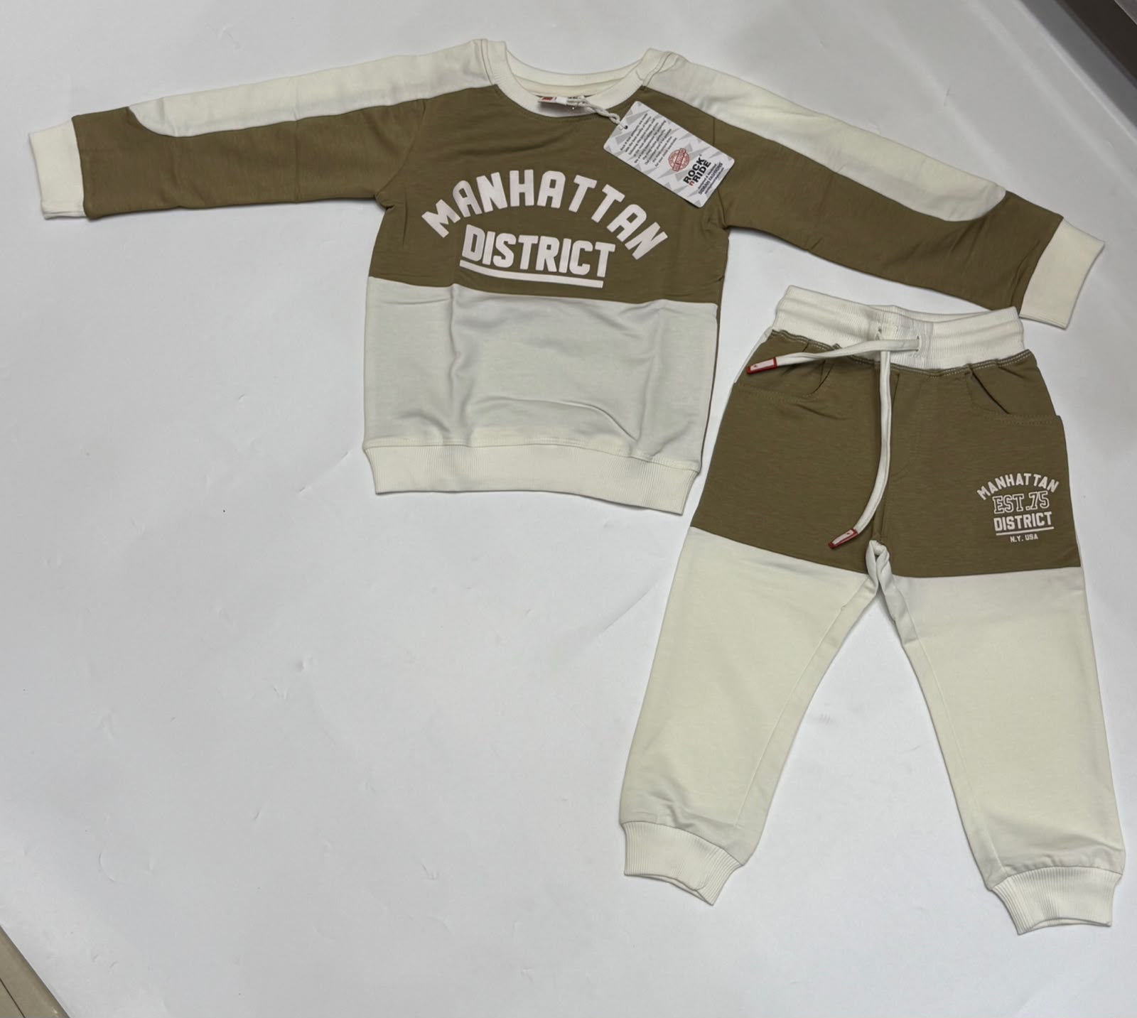 ROCK n RIDE Boys 2–7 Years 100% Cotton Manhattan District Sweatshirt & Jogger Tracksuit Set - White/Tan