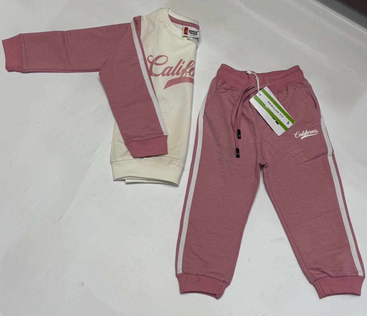ROCK n RIDE Girls 2–7 Years 100% Cotton California Sweatshirt & Jogger Tracksuit Set - Dusty Pink/White