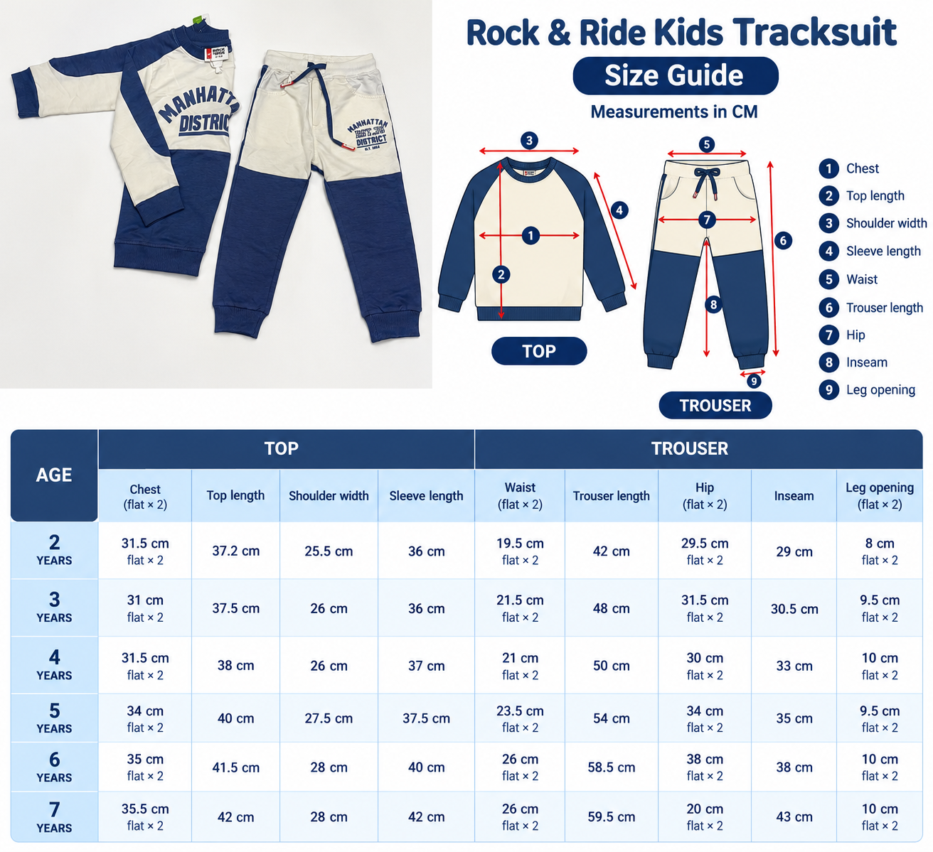 ROCK n RIDE Boys 100% Cotton Manhattan District 2-Piece Tracksuit Set – Blue/White