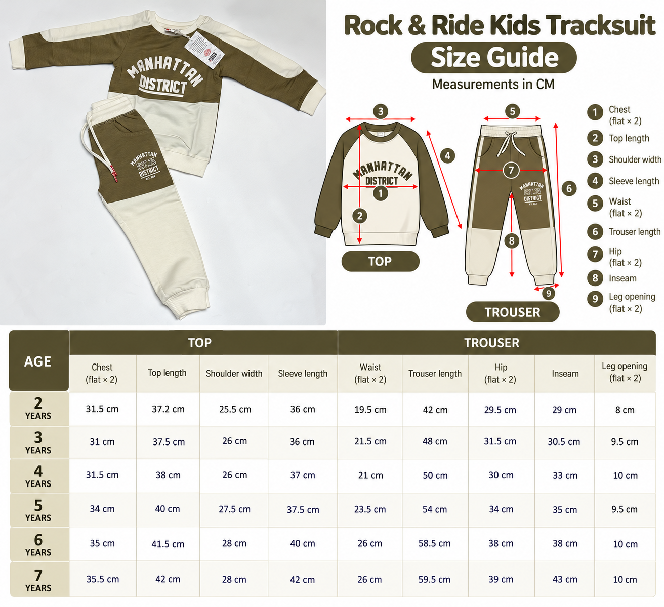 ROCK n RIDE Boys 2–7 Years 100% Cotton Manhattan District Sweatshirt & Jogger Tracksuit Set - White/Tan