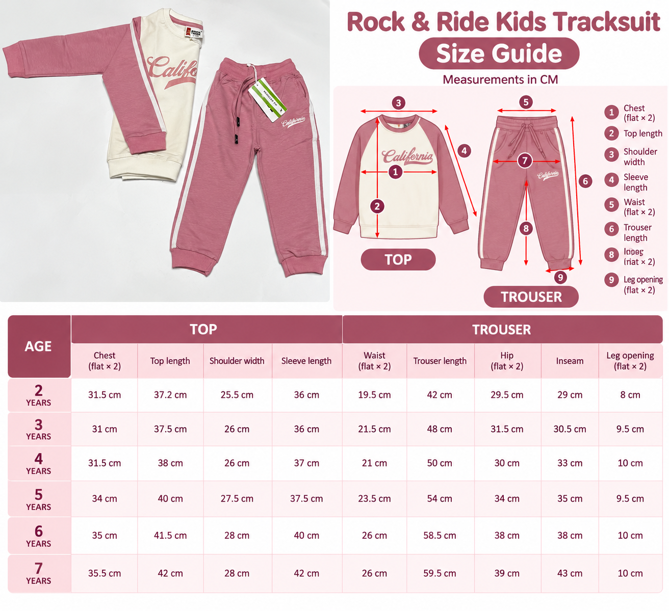 ROCK n RIDE Girls 2–7 Years 100% Cotton California Sweatshirt & Jogger Tracksuit Set - Dusty Pink/White