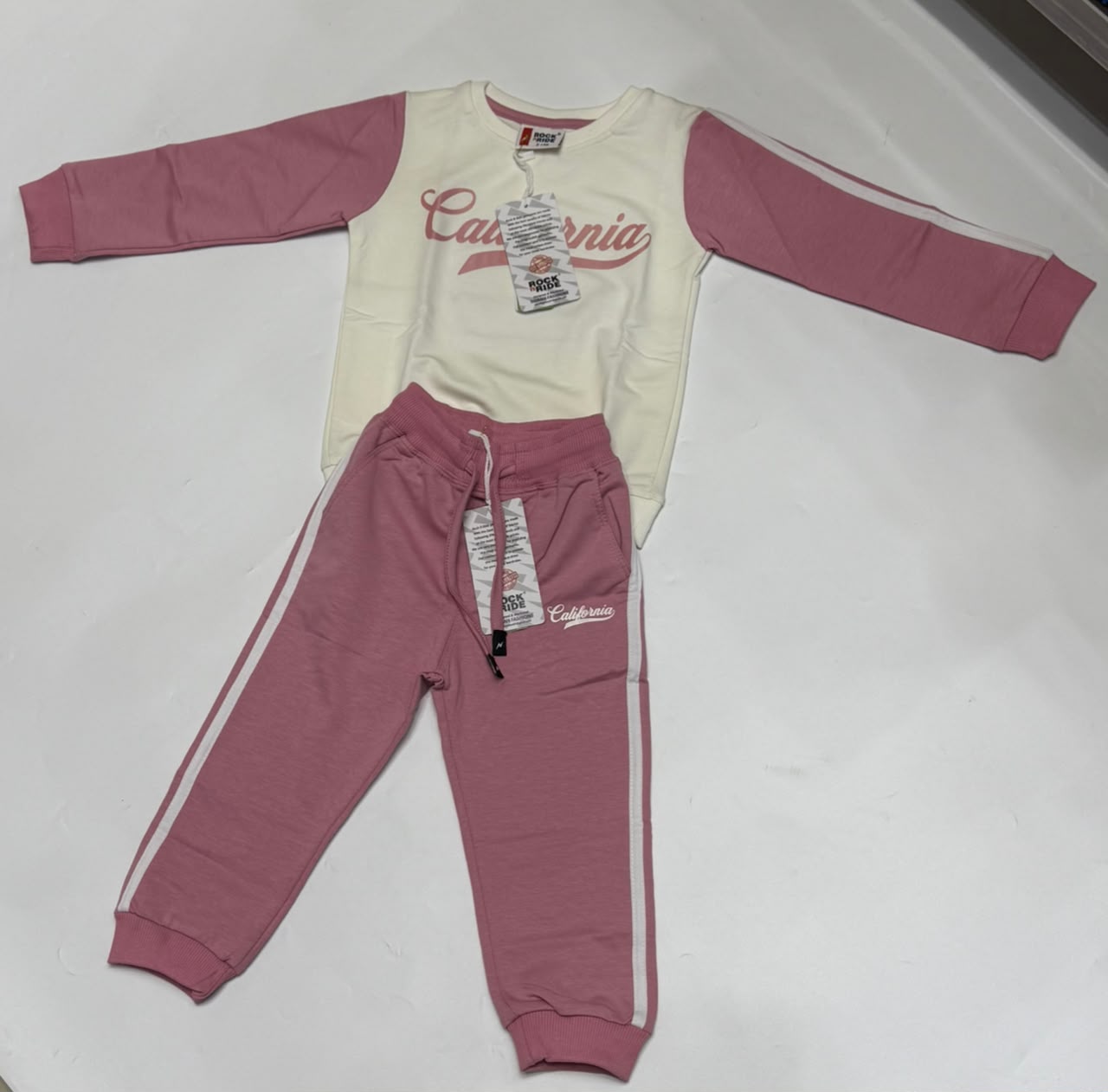 ROCK n RIDE Girls 2–7 Years 100% Cotton California Sweatshirt & Jogger Tracksuit Set - Dusty Pink/White