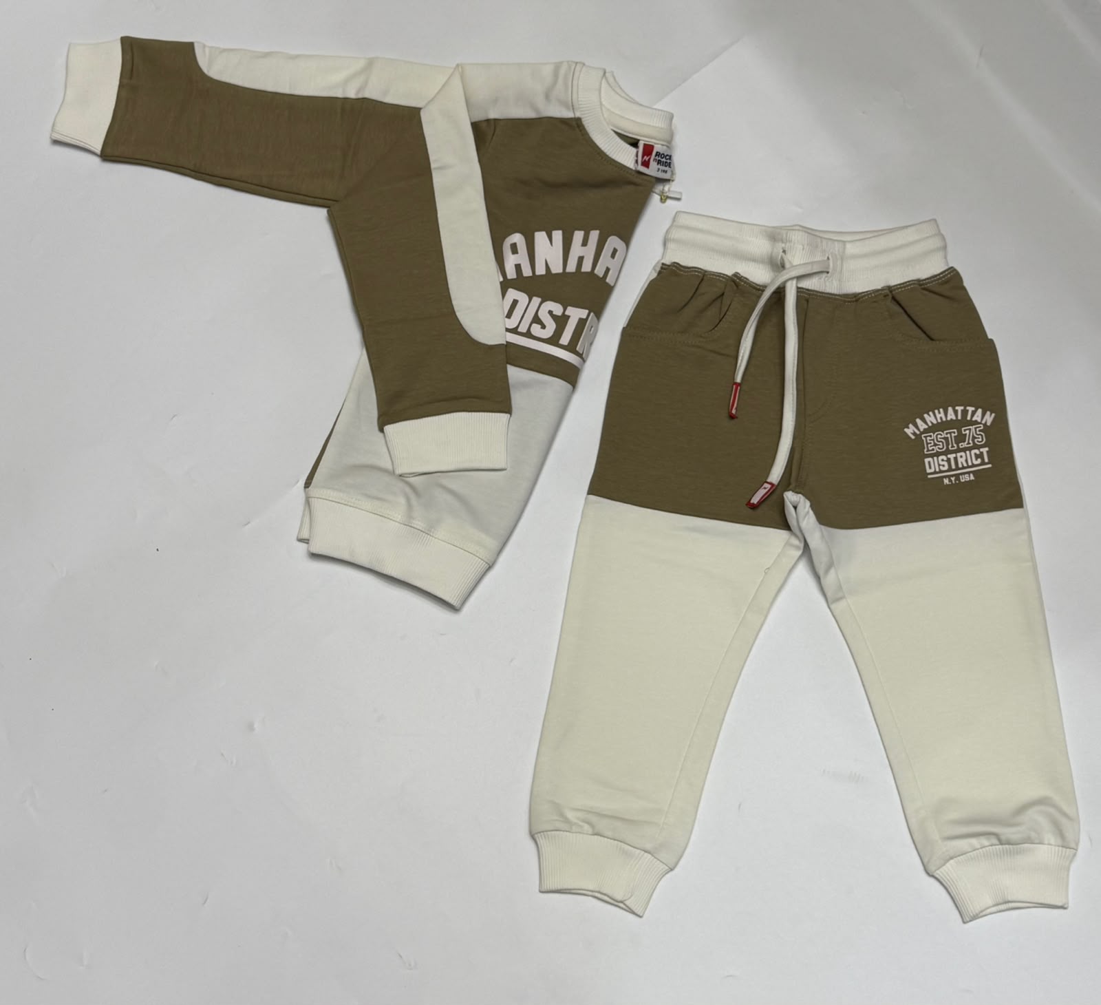 ROCK n RIDE Boys 2–7 Years 100% Cotton Manhattan District Sweatshirt & Jogger Tracksuit Set - White/Tan