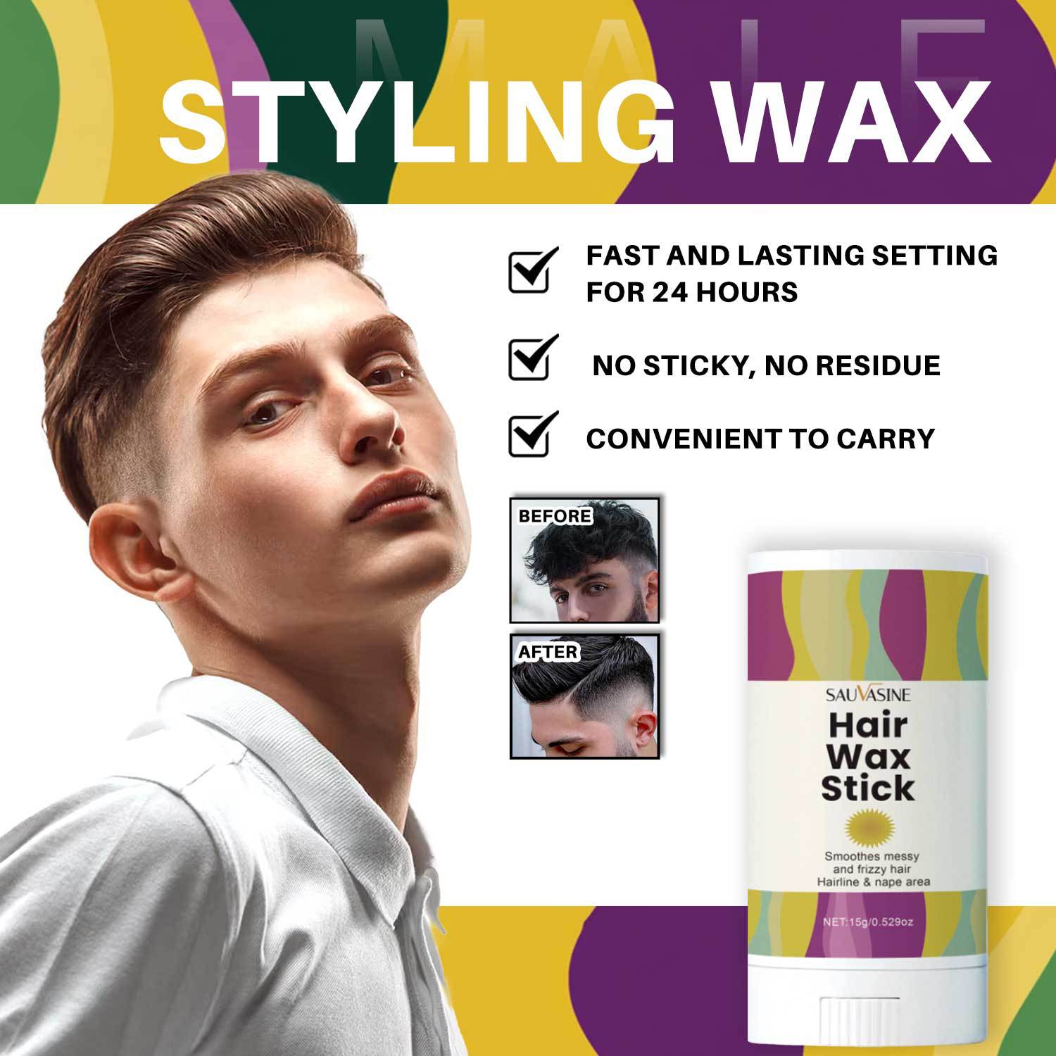 Hair Wax Stick 15g, Edge Control & Flyaway Tamer for Hairline, Nape & Baby Hair, Non-Greasy Slick Styling Stick for Braids, Wigs & Natural Hair