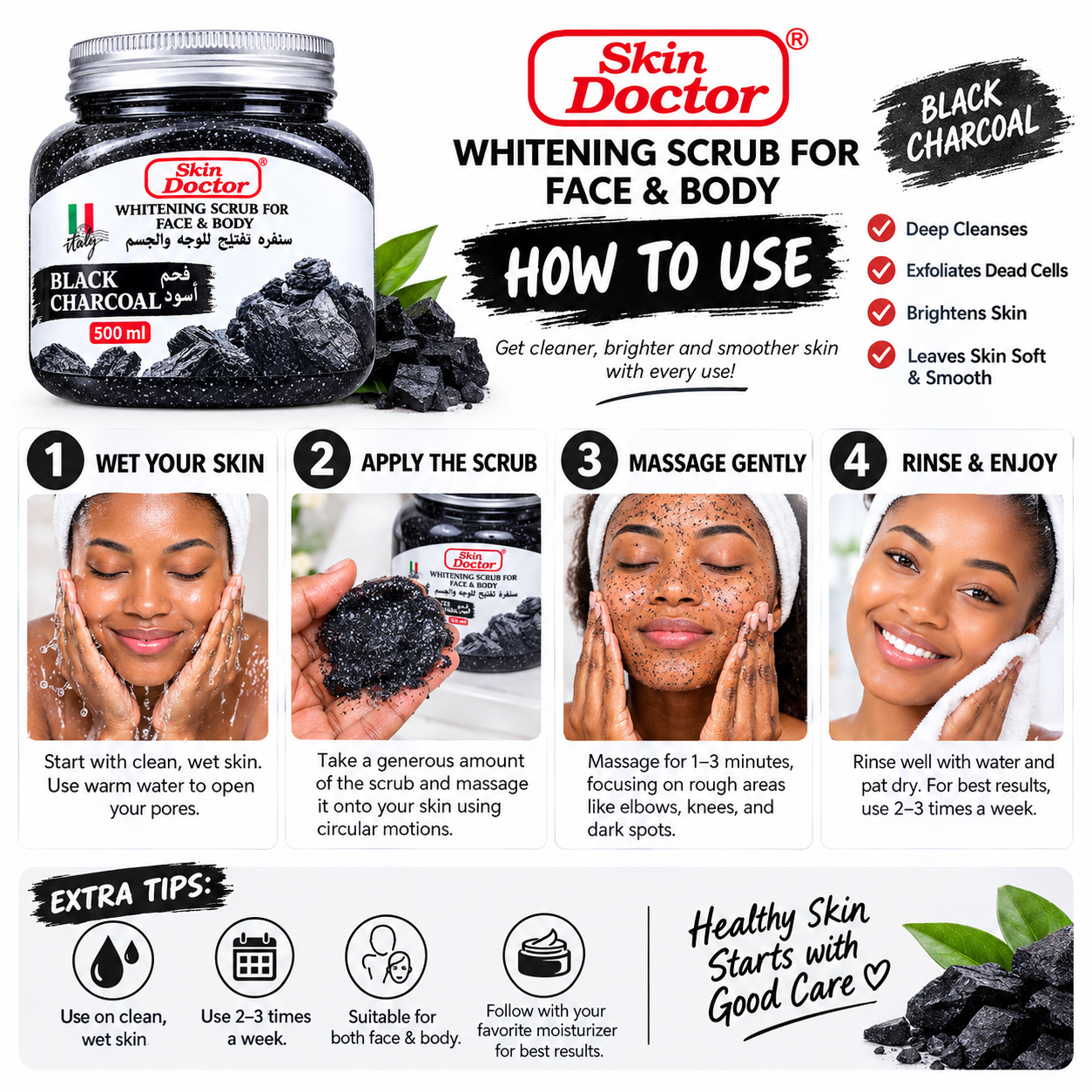Skin Doctor Black Charcoal Whitening Scrub for Face & Body – Exfoliating Skin Scrub