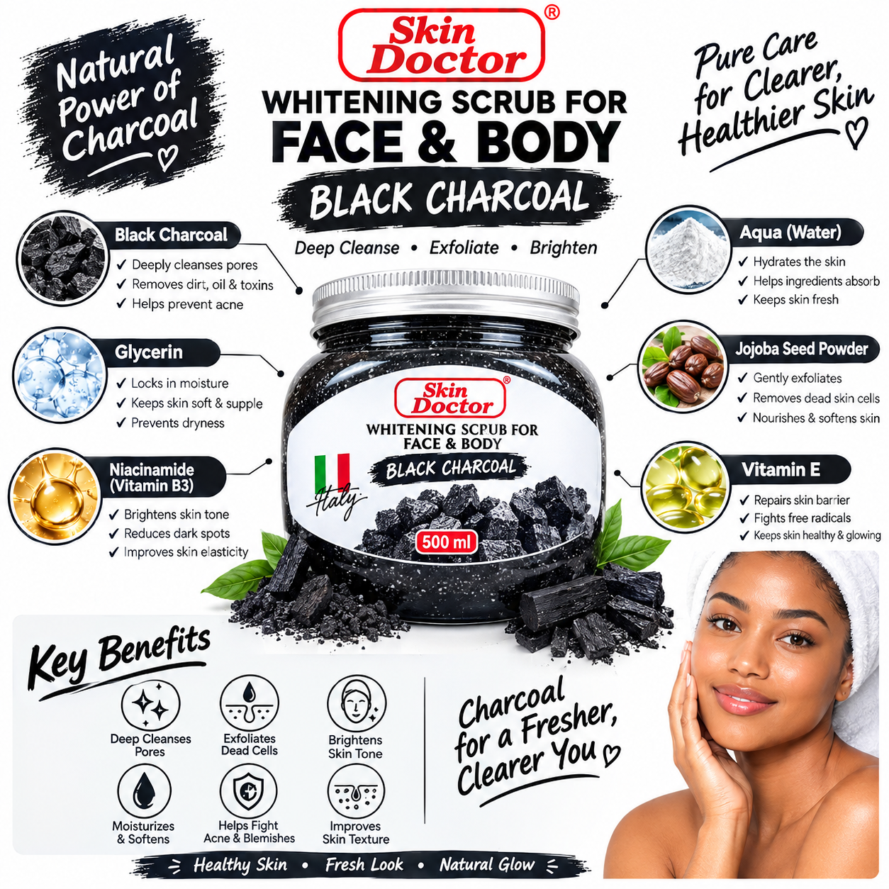 Skin Doctor Black Charcoal Whitening Scrub for Face & Body – Exfoliating Skin Scrub