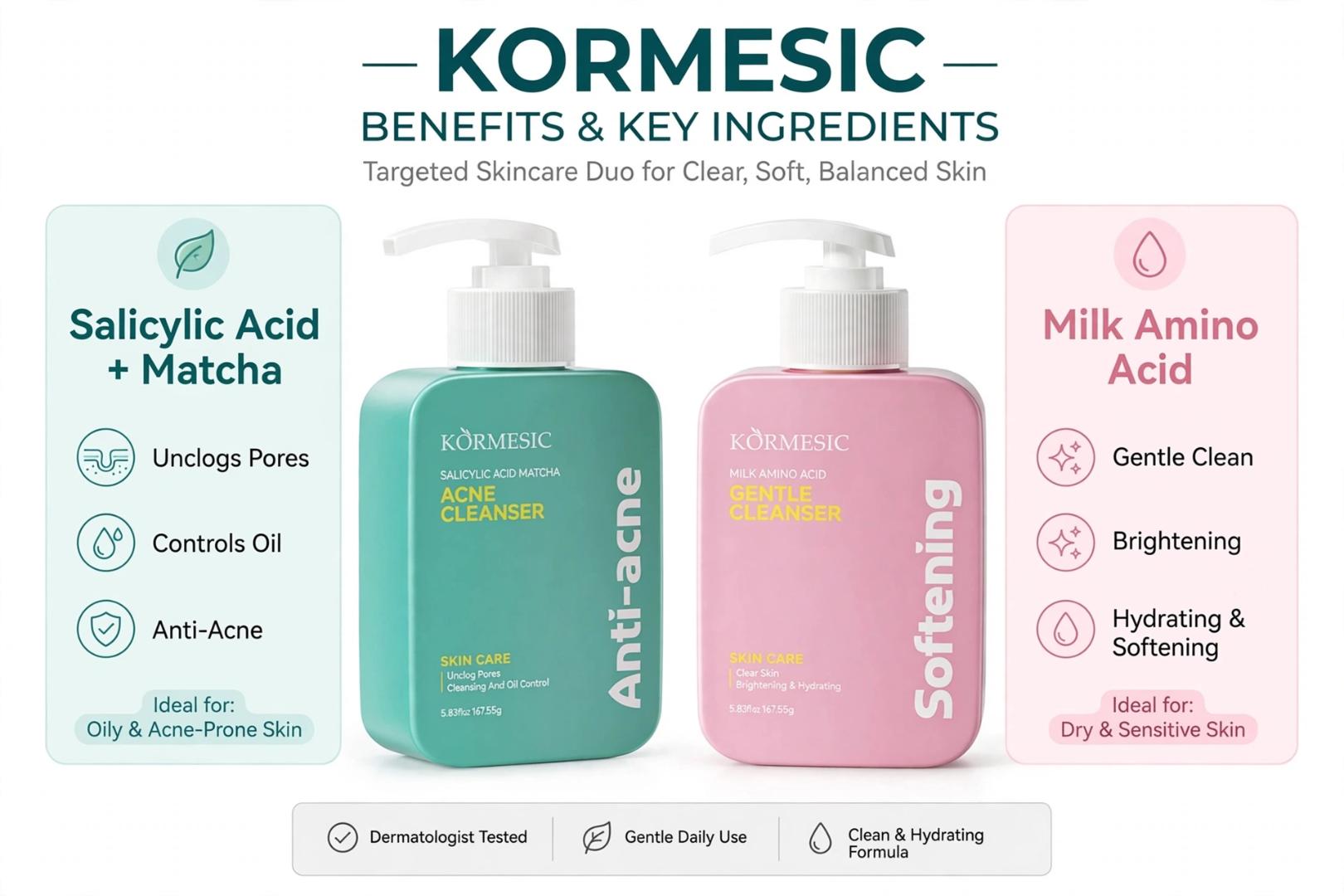 KORMESIC Salicylic Acid Matcha Anti-Acne Cleanser 160g - Oil Control, Unclog Pores & Clear Acne - Gentle Face Wash