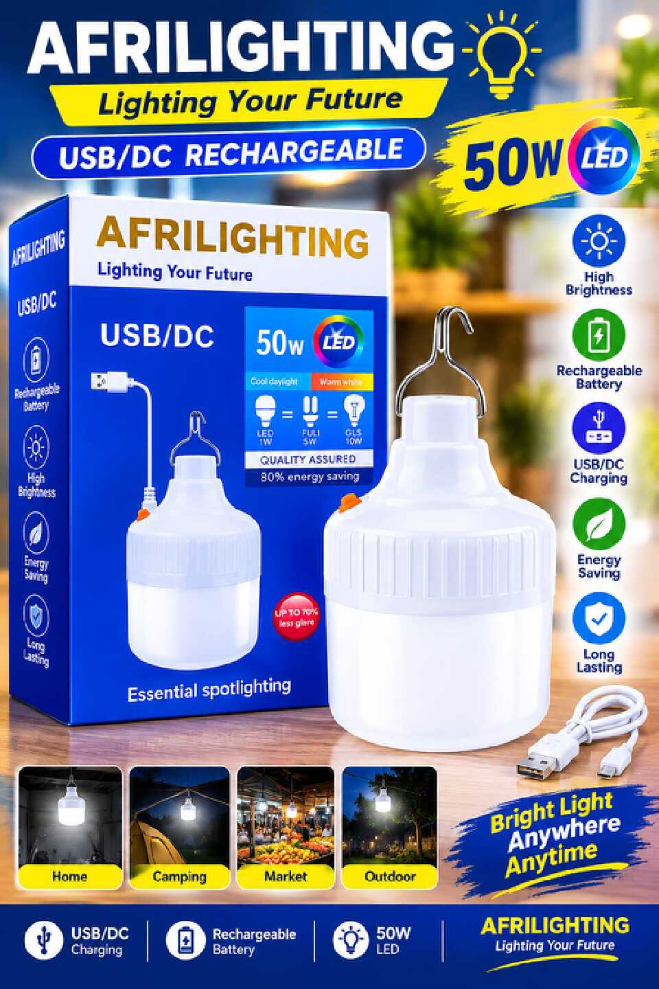 CLEARANCE OFFER Afrilighting 50W Rechargeable LED Bulb – Portable Emergency Lamp.