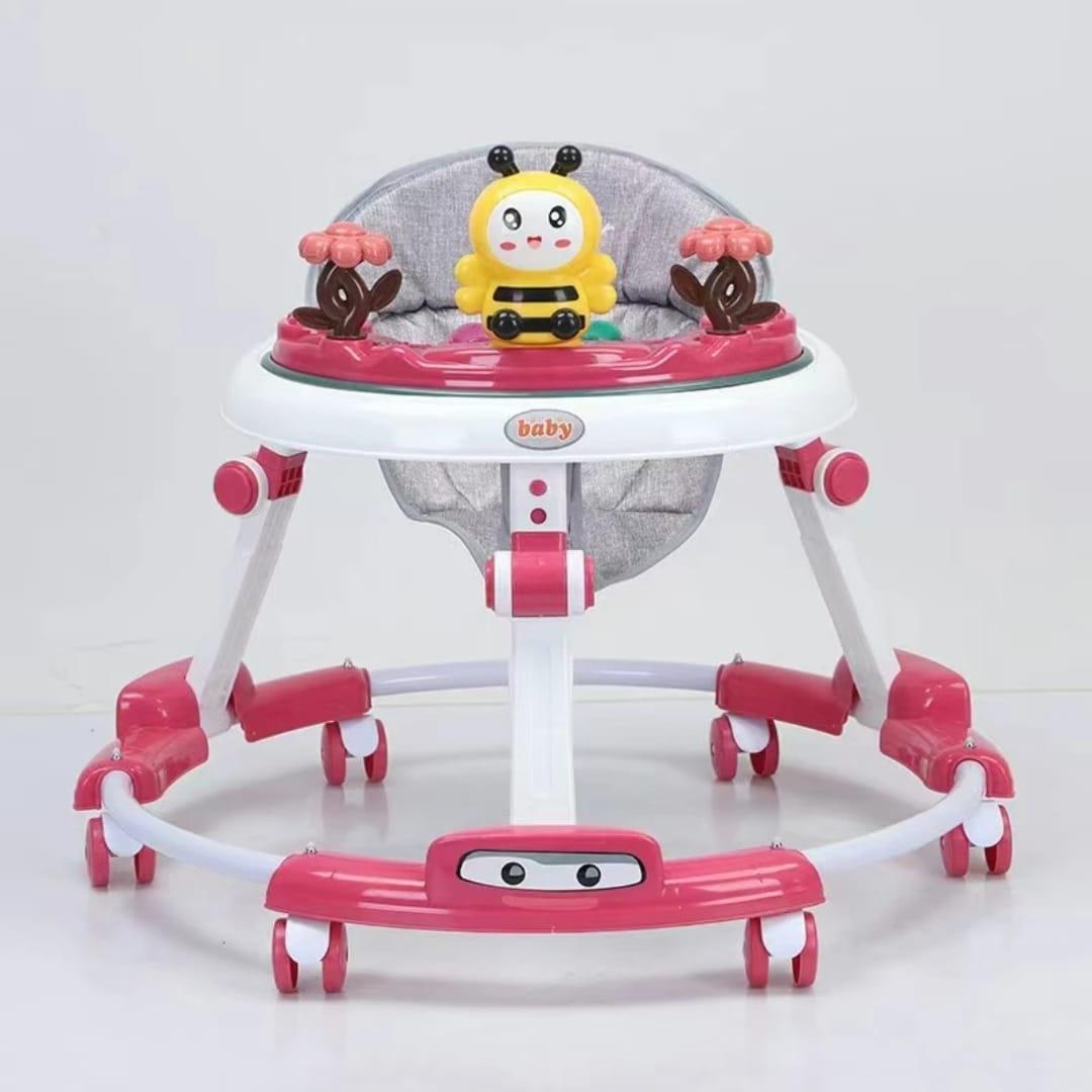 Interactive Baby Walker with Musical Bee Toy Tray, Adjustable Height, and Soft Cushion Seat – Pink