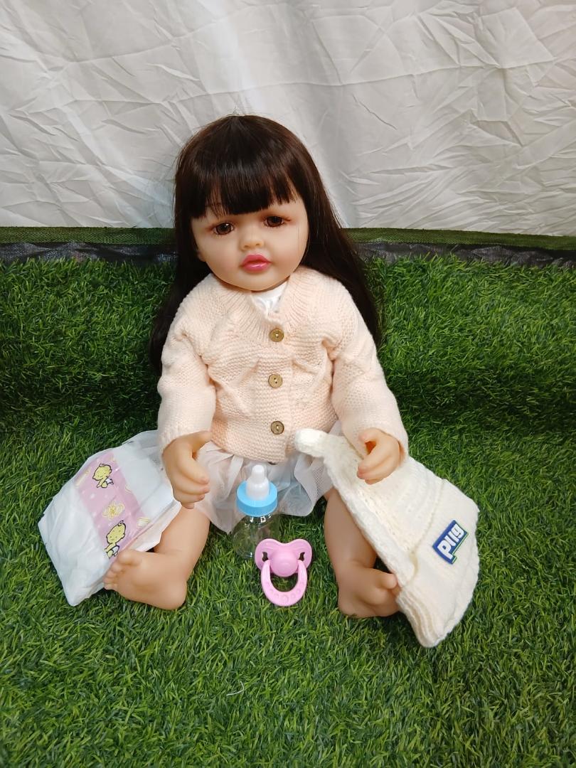 Realistic Baby Doll with Long Hair, Outfit, Diaper, Feeding Bottle & Pacifier – Toddler Doll