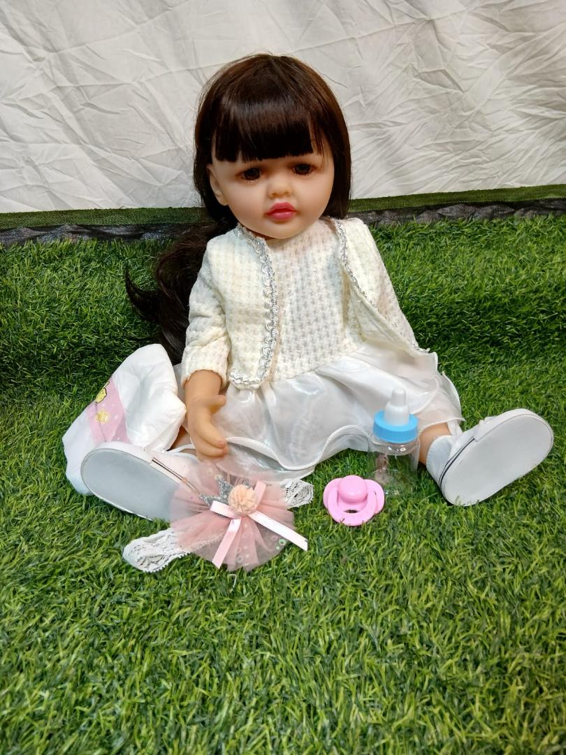 Realistic Baby Doll with Long Hair, Outfit, Diaper, Feeding Bottle & Pacifier – Toddler Doll