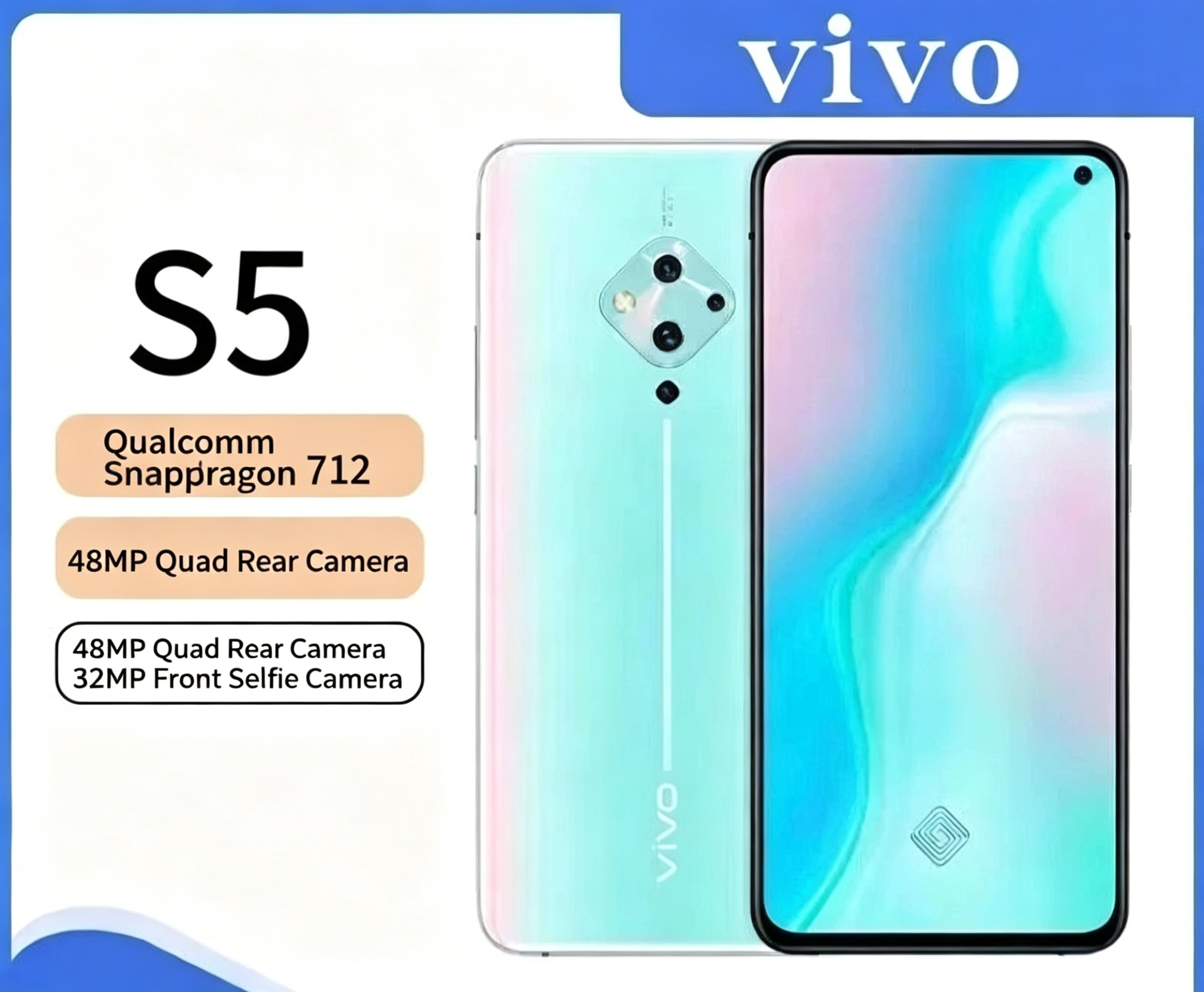 vivo s5 Unlock: Facial Recognition. Dual-SIM mobile phone Battery: 4100mAh. Screen: 6.44 inches. Front camera: 32MP. Rear quad-camera: Depth lens 48MP main camera (f/1.79) + 8MP ultra-wide angle + 5MP