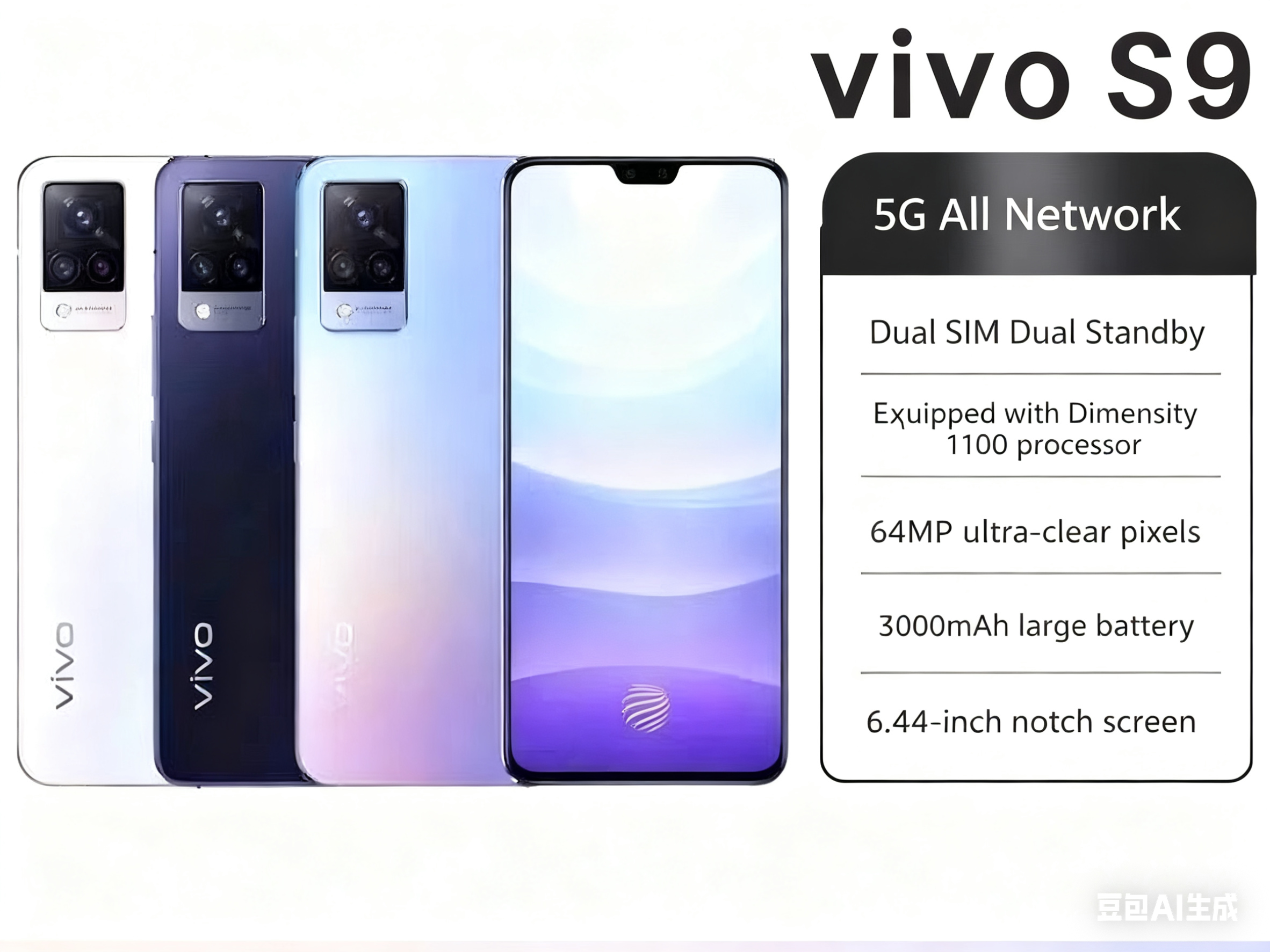 Refurbished vivo S9 full Netcom dual-mode 5G 256G memory No fingerprint recognition 6.44 inches 64 4000 mAh flash charging smartphone Face recognition function