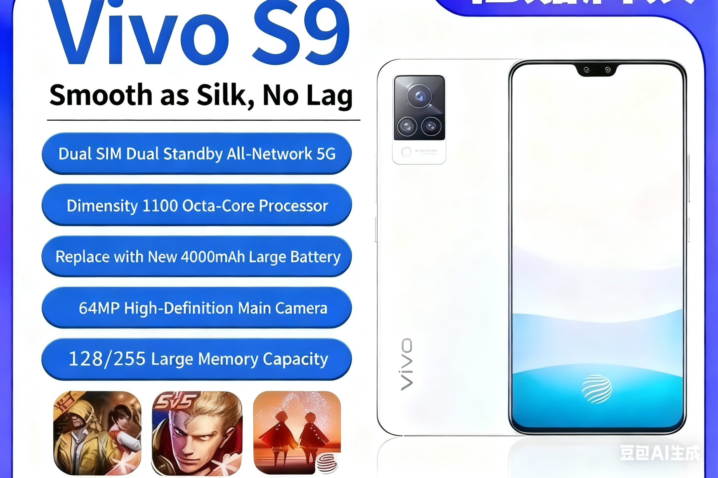 Refurbished vivo S9 full Netcom dual-mode 5G 256G memory No fingerprint recognition 6.44 inches 64 4000 mAh flash charging smartphone Face recognition function