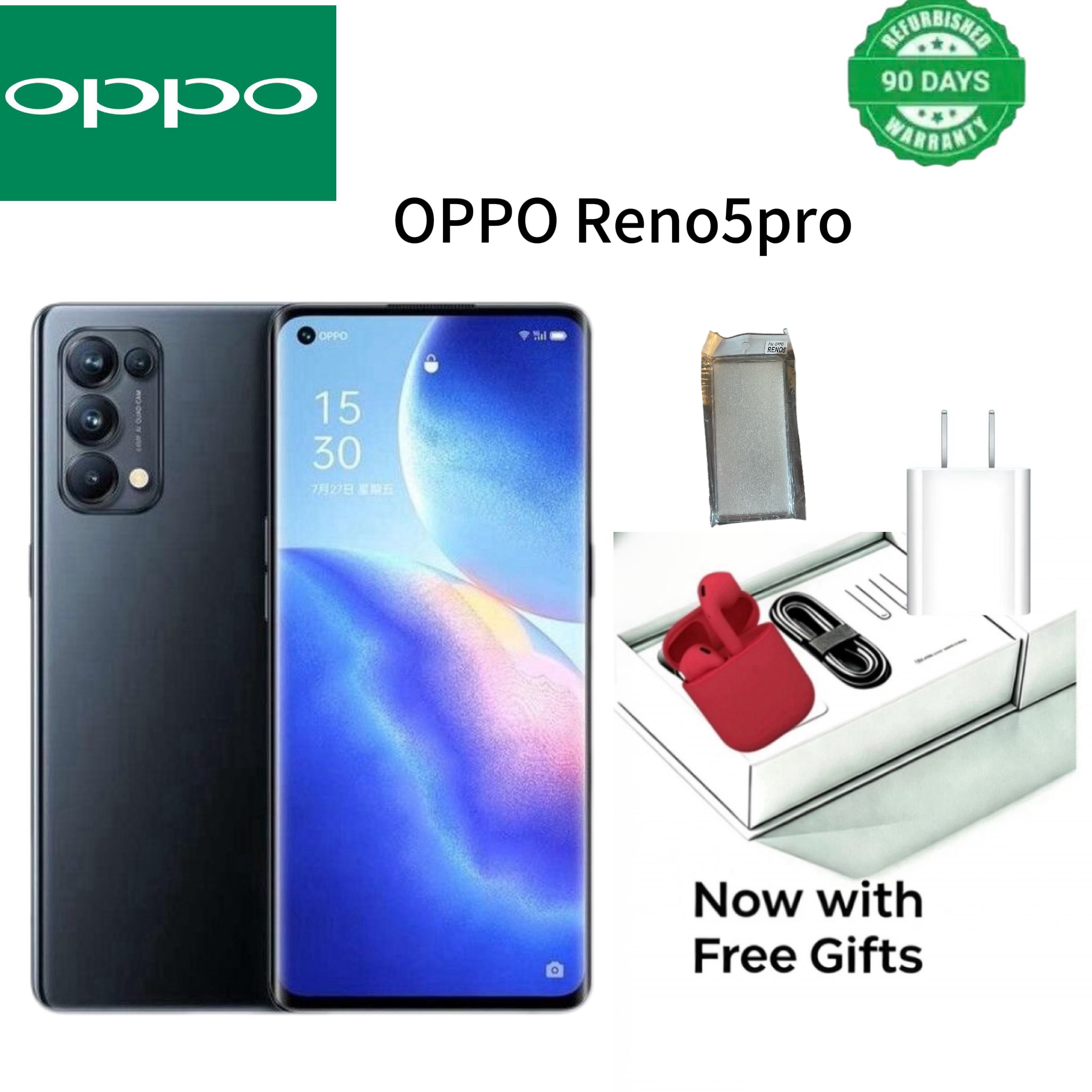 Refurbished Phone OPPO Reno5 Pro 13(8+5)GB RAM 90hz AMOLED Curved Screen 128GB Stoarge in-Display Fingerprint 48MP+32MP 4025 mAh 5G Snapdragon 765G OPPO Reno 3 Pro Smart