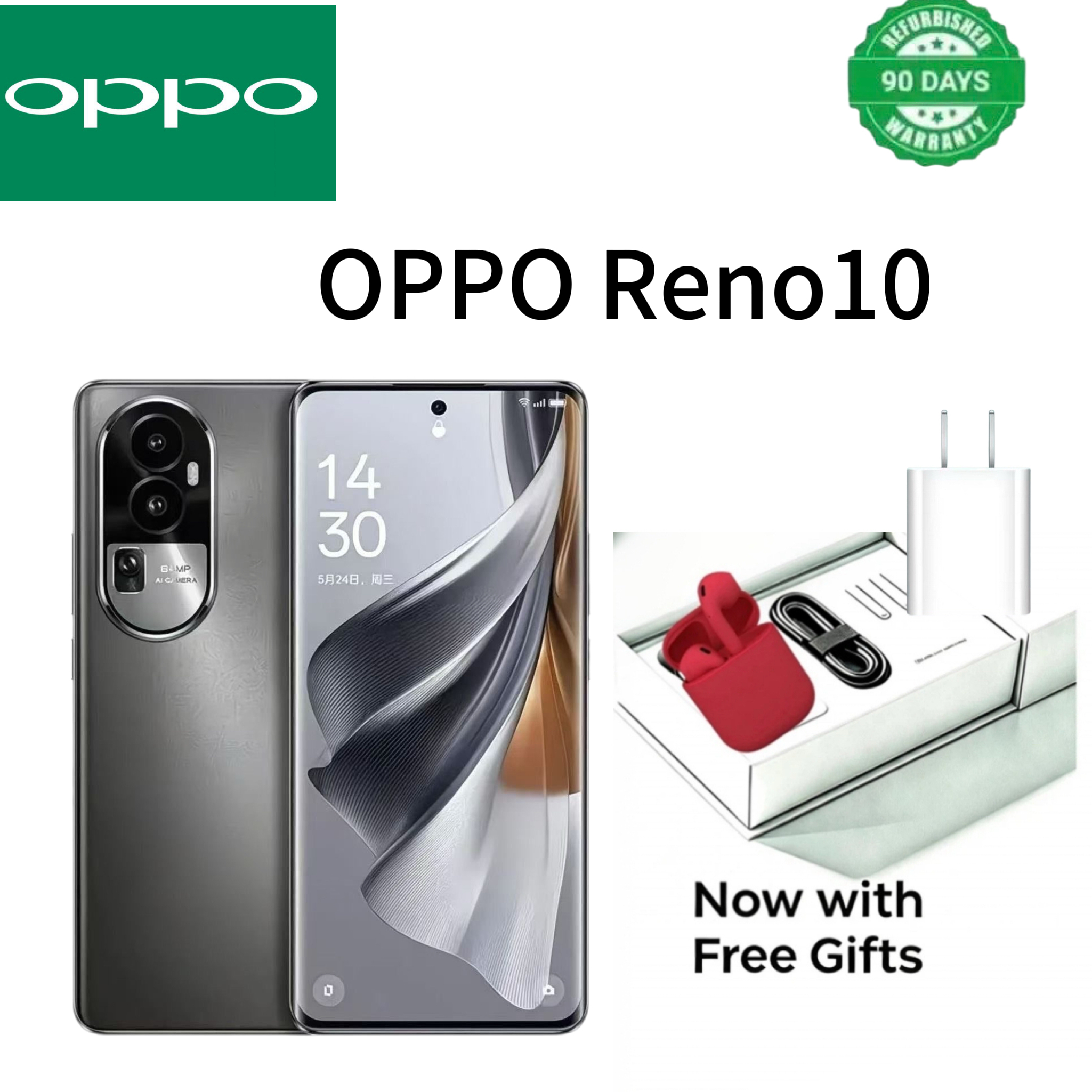Refurbished OPPO Reno10 128G/256G is a 5G mobile phone with a facial recognition system. Rear camera: 64MP main camera F1.7 + 2MP monochrome lens F2.4. Front camera: 32MP F2.4 with AF auto focus.