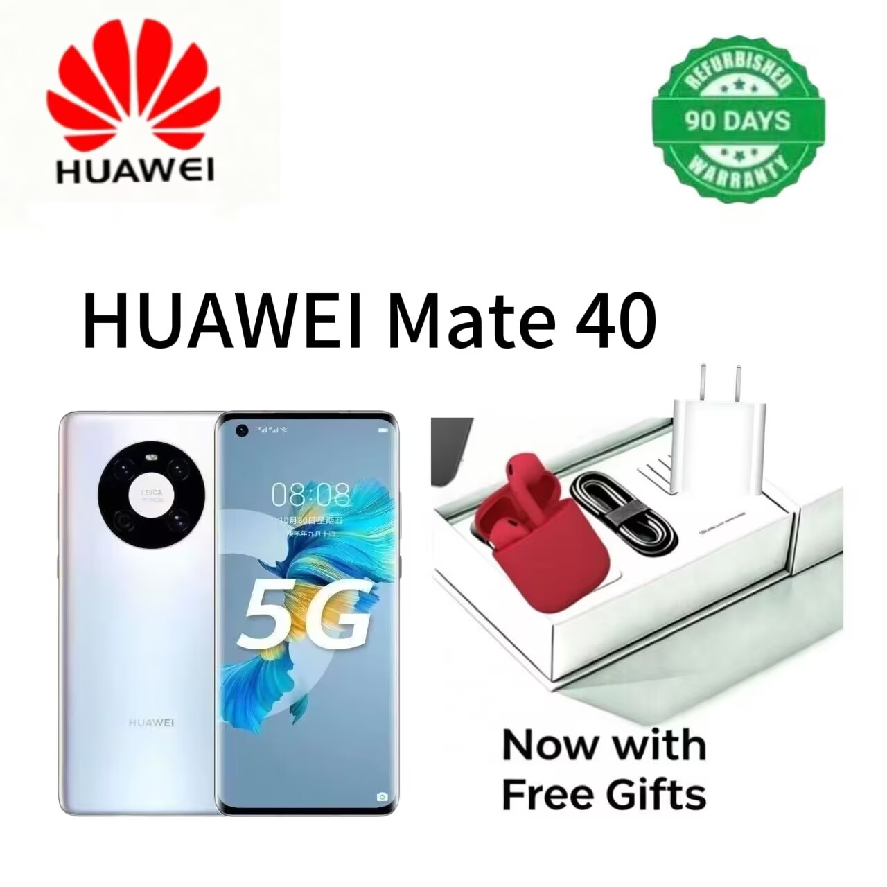 Refurbished phone: Huawei Mate 40 5G, 6.5 inches, facial recognition support. 8GB + 128GB/256GB, dual camera: 5000MP + 1600MP+8mp, 4200mAh battery. No fingerprint unlock support. Not a curved screen