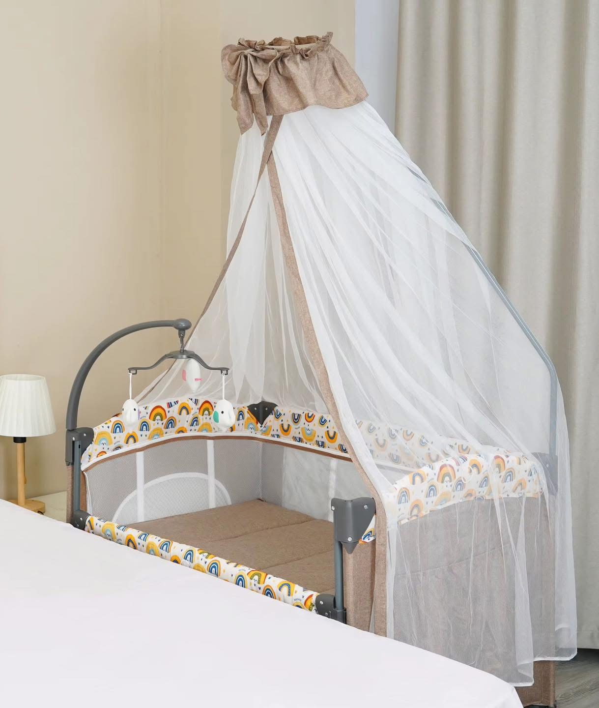 BROWN Portable Baby Travel Cot Blue Playpen Double Layer Crib with Detachable Diaper Changing Station Foldable Infant Bed Easy Setup Lightweight Portable Nursery Sleeping Play Area Home Travel