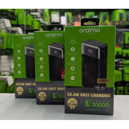 Oraimo PowerNova Q31 OPB-7300Q 30000mAh 22.5W Fast Charging Power Bank with Digital Display, Dual USB-A & Type-C Ports, AniFast Charging, PD & QC3.0 Compatible, High Capacity Portable Charger