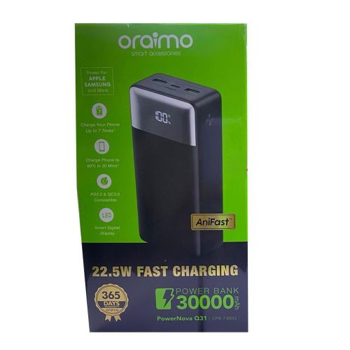 Oraimo PowerNova Q31 OPB-7300Q 30000mAh 22.5W Fast Charging Power Bank with Digital Display, Dual USB-A & Type-C Ports, AniFast Charging, PD & QC3.0 Compatible, High Capacity Portable Charger
