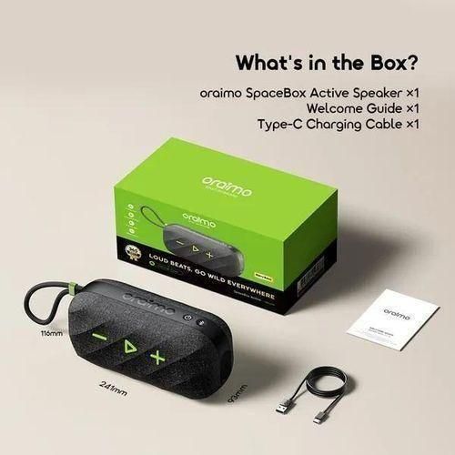 Oraimo SpaceBox Active 25W Bluetooth Speaker delivers powerful portable sound, IP55 water and dust resistance, and up to 14 hours of playtime.