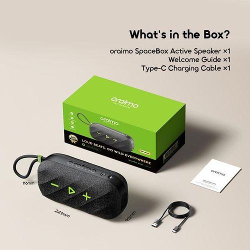 Oraimo SpaceBox Active 25W Bluetooth Speaker delivers powerful portable sound, IP55 water and dust resistance, and up to 14 hours of playtime.