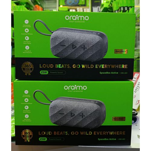 Oraimo SpaceBox Active 25W Bluetooth Speaker delivers powerful portable sound, IP55 water and dust resistance, and up to 14 hours of playtime.