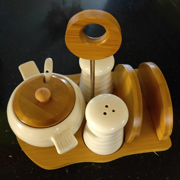 Salt, Pepper & Sugar Dish Set with Serviette Holder - Ceramic & Bamboo