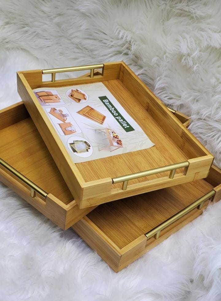 3-Tier Bamboo Serving Tray Set – Wooden Breakfast, Food & Tea Serving Trays with Handles Natural Bamboo Rectangular Serving Tray
