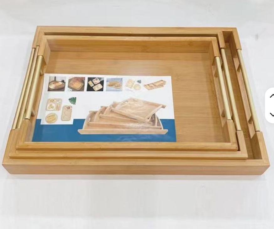 3-Tier Bamboo Serving Tray Set – Wooden Breakfast, Food & Tea Serving Trays with Handles Natural Bamboo Rectangular Serving Tray