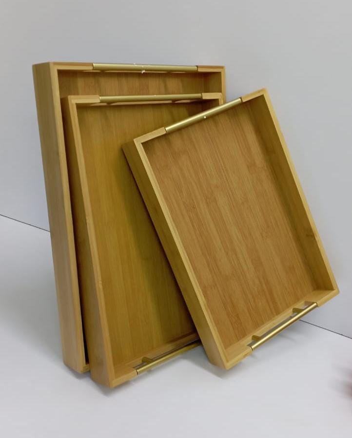 3-Tier Bamboo Serving Tray Set – Wooden Breakfast, Food & Tea Serving Trays with Handles Natural Bamboo Rectangular Serving Tray