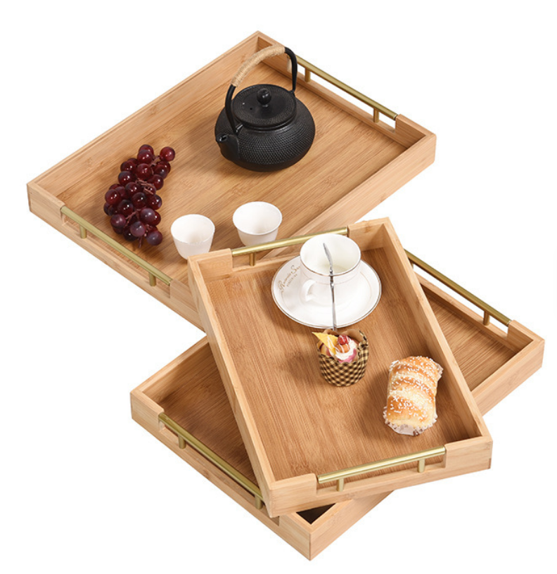 3-Tier Bamboo Serving Tray Set – Wooden Breakfast, Food & Tea Serving Trays with Handles Natural Bamboo Rectangular Serving Tray