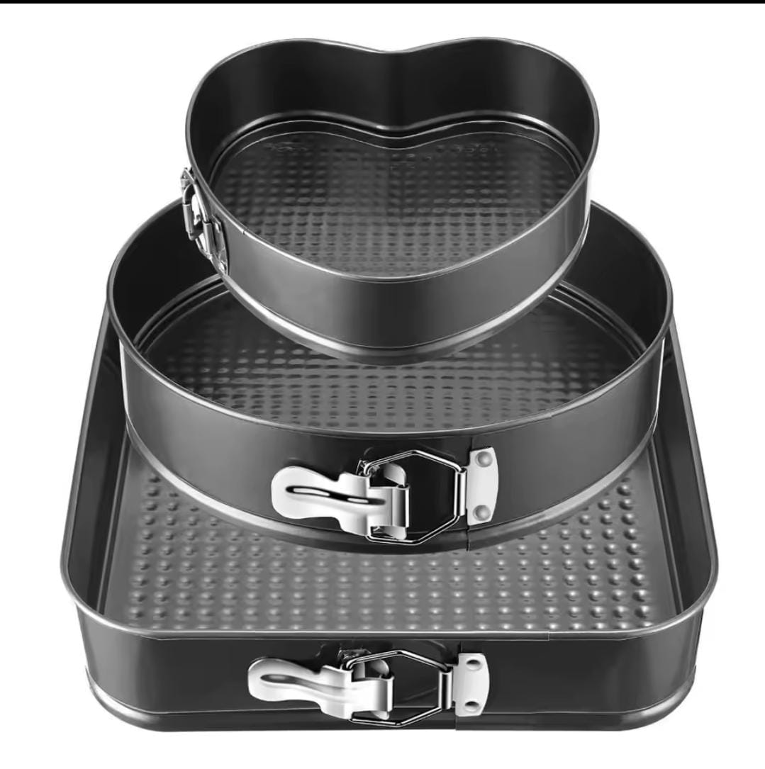 3Pcs Non-Stick Cake Mould Baking Tin Set – Round, Square & Heart Shape Baking Pans Bakeware Sets Steel Baking Mold Non-stick Buckle Live Bottom Baking Pan Tool C