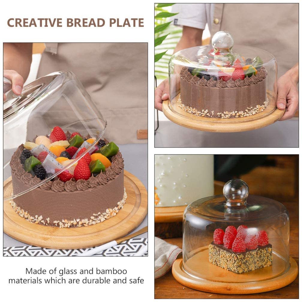 Dome Shape Glass Cake Cover with Bamboo Base – Borosilicate Cake Display & Food Serving Cover-28 cm Diameter Elegant dome-shaped design