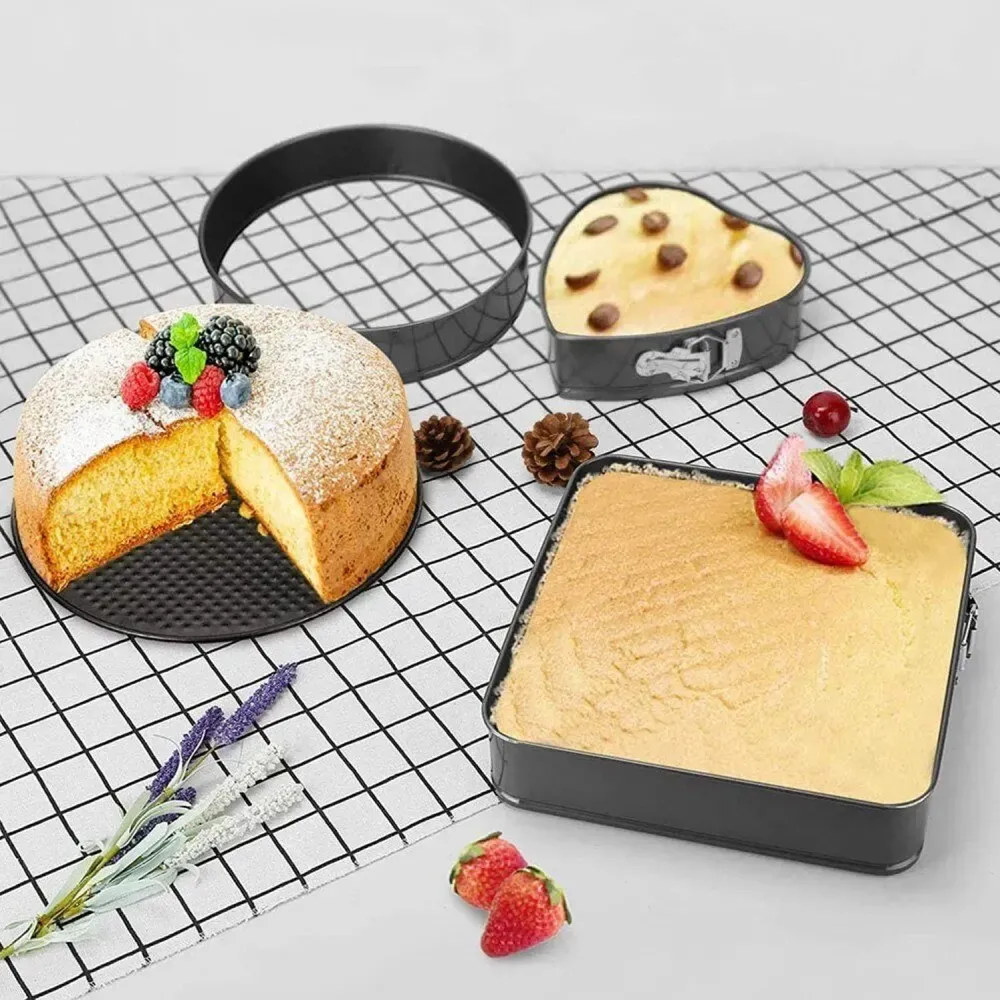3Pcs Non-Stick Cake Mould Baking Tin Set – Round, Square & Heart Shape Baking Pans Bakeware Sets Steel Baking Mold Non-stick Buckle Live Bottom Baking Pan Tool C
