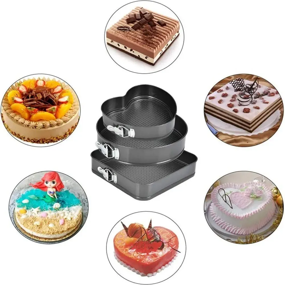 3Pcs Non-Stick Cake Mould Baking Tin Set – Round, Square & Heart Shape Baking Pans Bakeware Sets Steel Baking Mold Non-stick Buckle Live Bottom Baking Pan Tool C